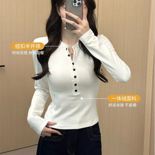 春秋冬新款美式辣妹亨利领磨毛加绒上衣修身百搭半开打底衫女内搭