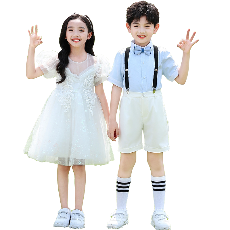 六一幼儿园舞蹈表演服女童公主蓬蓬纱裙男童背带裤儿童合唱演出服
