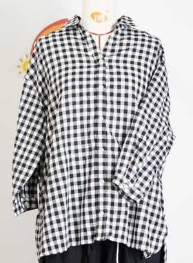 JCC STUDIO日系棉麻格子衬衫女宽松休闲百搭长袖衬衣
