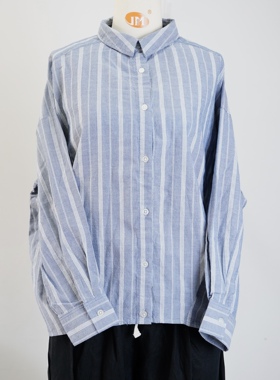 JCC STUDIO日系棉条纹纯色宽松收褶宽松休闲春秋通勤衬衫