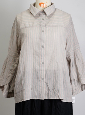 JCC STUDIO日系薄棉纱全棉小众设计袖型宽松休闲百搭条纹衬衫