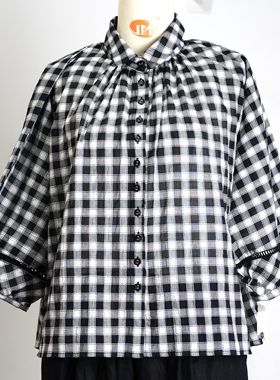 JCC STUDIO日系全棉蝙蝠衫再生纤维格子翻领七分袖拼接袖口衬衫