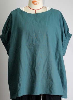 JCC STUDIO日系宽松圆领棉麻纯色短袖衬衫女气质简约上衣