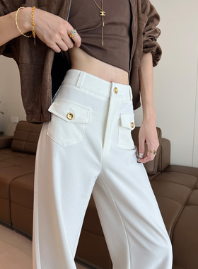 白色阔腿裤女2025春秋季新款高腰垂感显瘦窄版西装裤休闲直筒裤