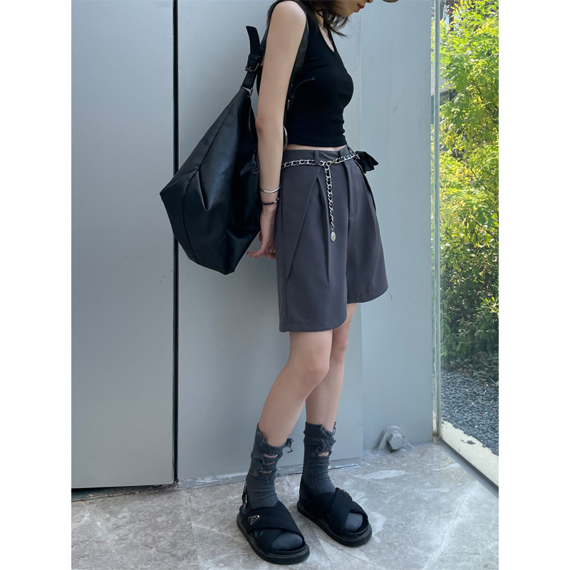 灰色西装短裤女夏季高腰a字休闲中裤黑色直筒五分裤2022新设计款