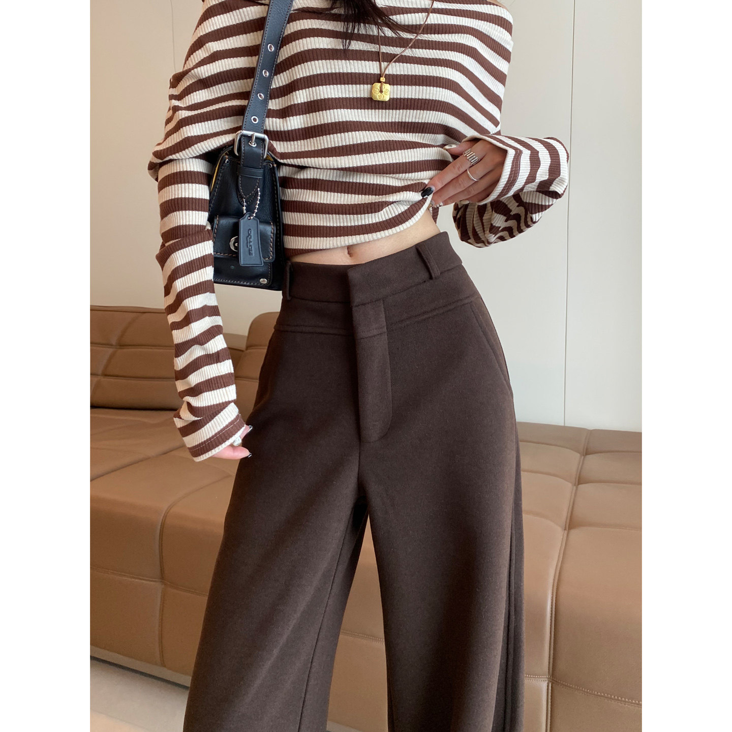寻笙记咖色高腰羊毛呢西装阔腿裤