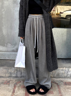 灰色阔腿裤子女春秋冬季加绒高腰宽松垂感休闲运动直筒灯芯绒裤子