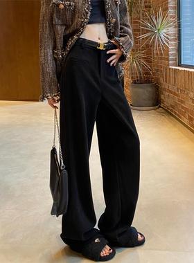 黑色秋冬女阔腿裤，羊毛衬里加厚高腰针织雪绒线灯芯绒休闲直筒裤