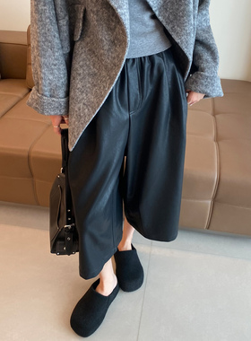 黑色皮裤女2025秋冬季新款宽松休闲七分直筒阔腿裤八分老钱风裤子