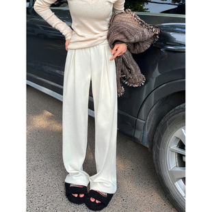 显瘦休闲直筒裤 米白色针织阔腿裤 子女春秋冬垂感慵懒雪尼尔拖地裤