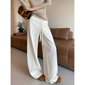 米白色弯刀阔腿运动裤 加厚高腰宽松休闲阔腿卫裤 女2025秋冬季 新款
