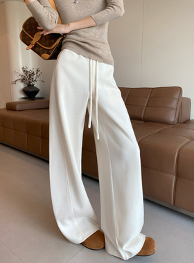 米白色弯刀阔腿运动裤女2025秋冬季新款加厚高腰宽松休闲阔腿卫裤