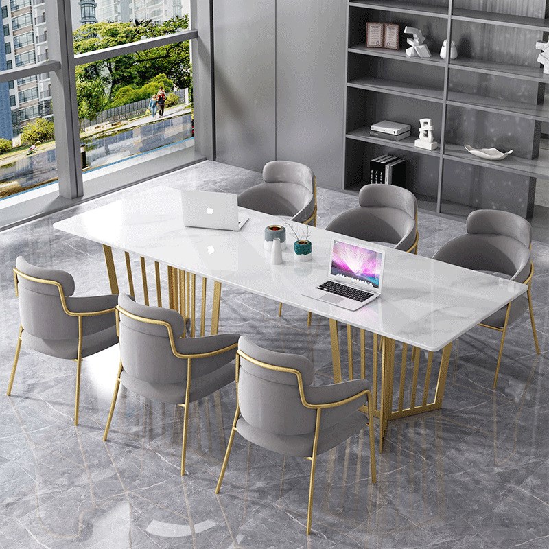 北欧简约大理石会议桌工作室培训洽谈长条桌员工电脑办公桌椅组合