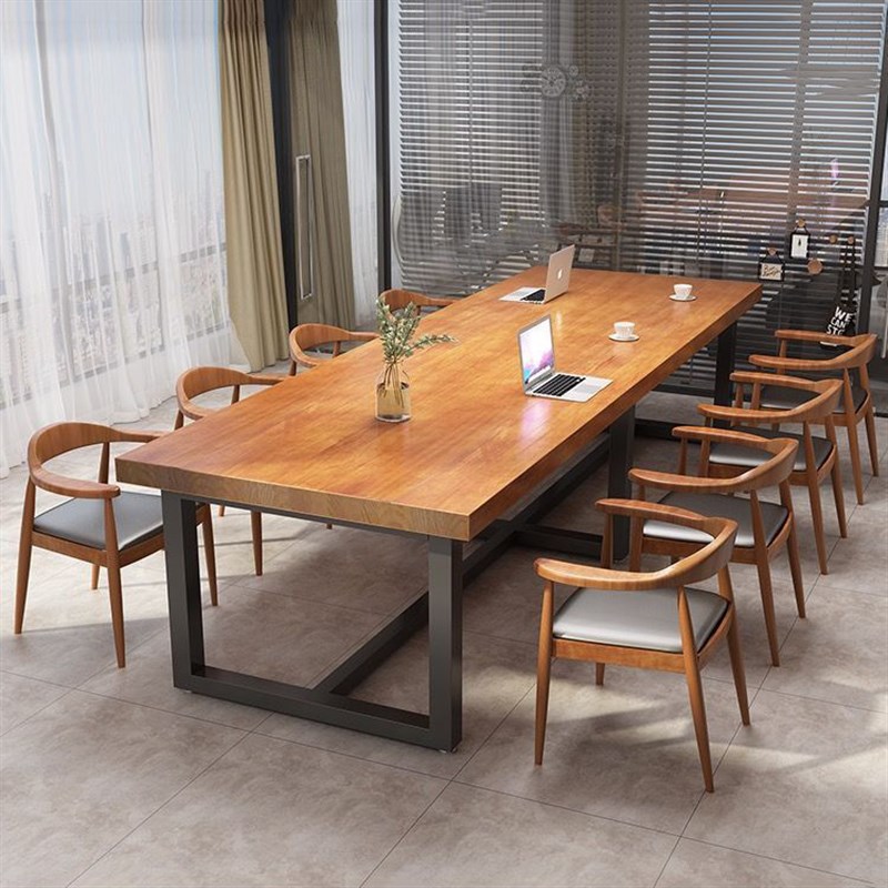 工业风实木办公桌职员多人位会议桌铁艺培训桌办公家具