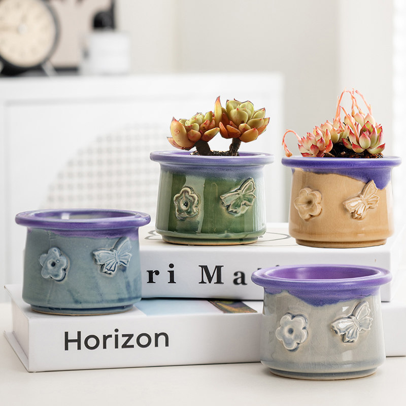 冰裂浮雕花蝴蝶陶瓷多肉花盆创意个性彩绘手绘透气桌面装饰特价