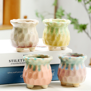 多肉陶瓷花盆小花盆小号控型彩绘冰裂透气桌面装饰带脚拇指盆手绘
