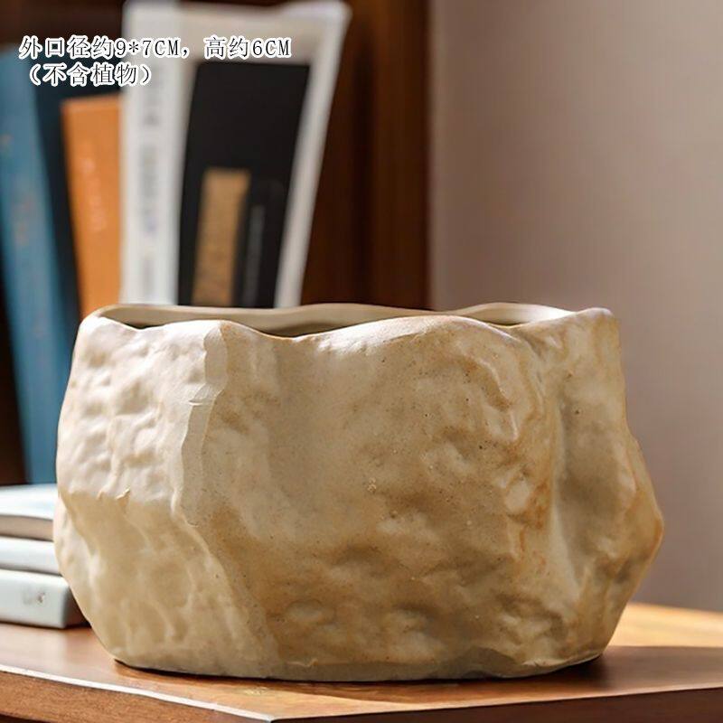 仿石头复古简约水培无孔铜钱草绿萝植物绿植桌面陶瓷花盆透气