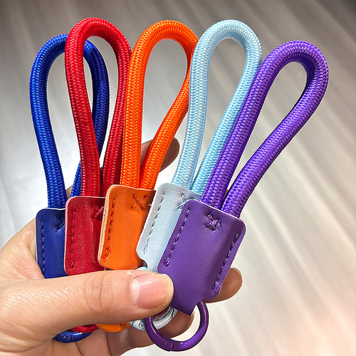 高档钥匙扣卡通纯色皮革尼龙绳圆环挂件手机编织简绳防丢牢固耐磨
