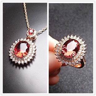 满钻红碧玺吊坠项链女开口戒指女天然玫瑰红太阳花型水晶活口钻戒