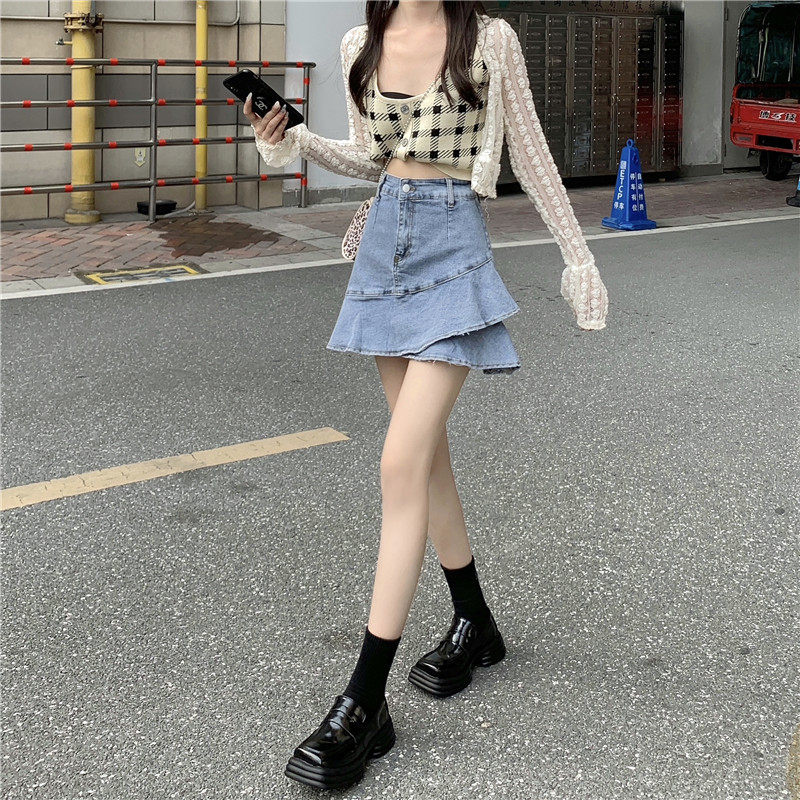 大码胖妹设计感荷叶边鱼尾a字半身裙女秋夏季高腰包臀牛仔短裙子