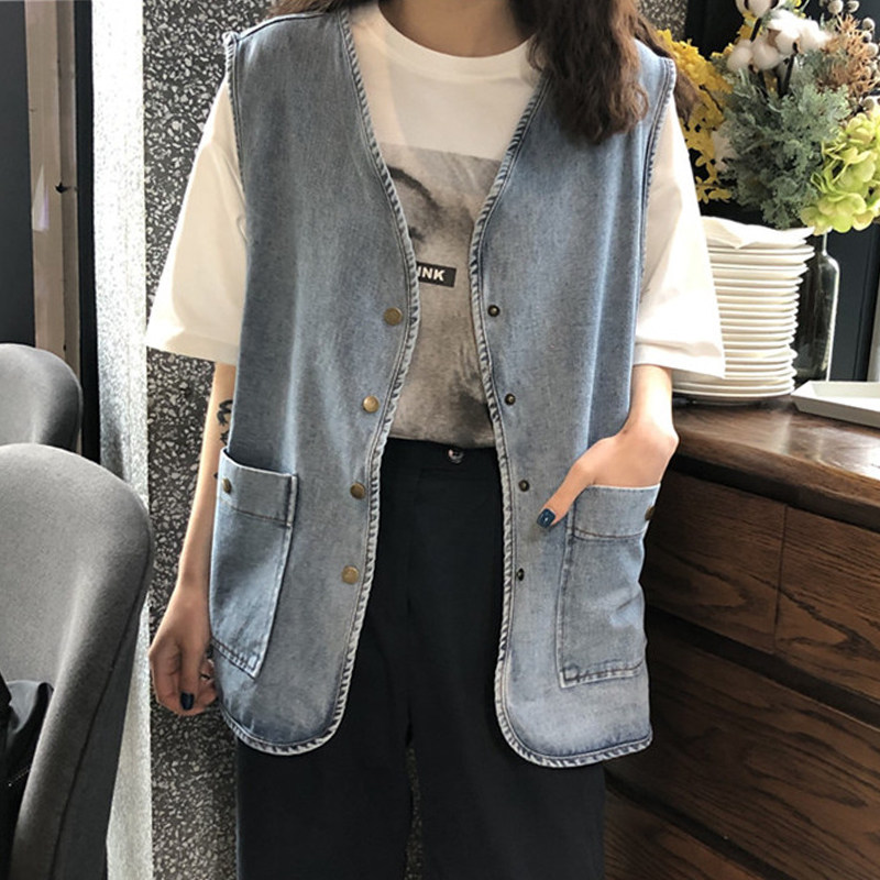 韩版复古春秋大码胖mm学院风宽松百搭无袖牛仔马甲外套女夏装上衣