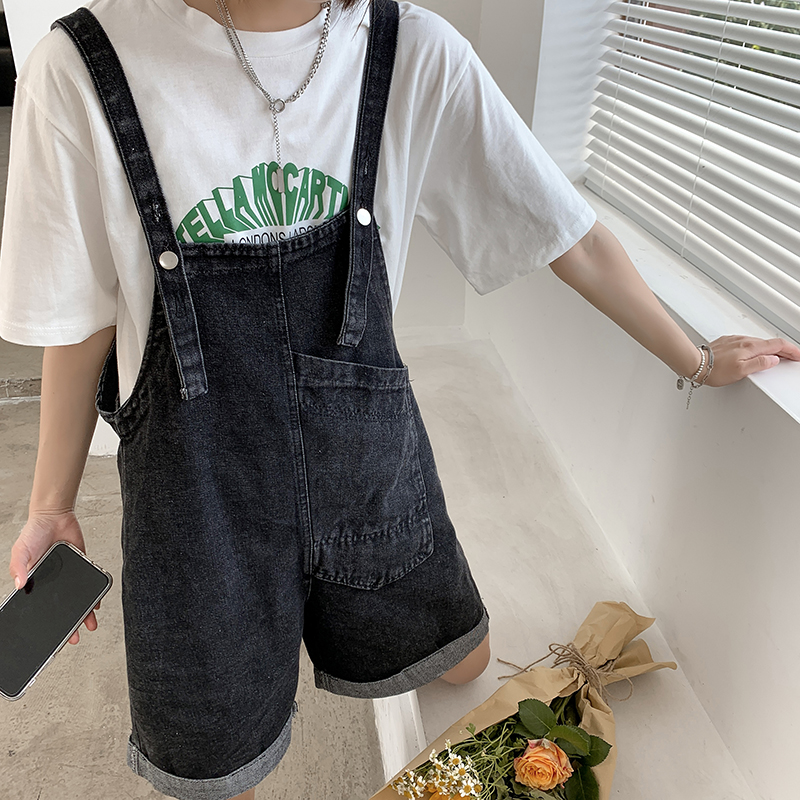 牛仔背带裤女夏宽松连体日系小个子复古美式大码洋气孕妇工装短裤