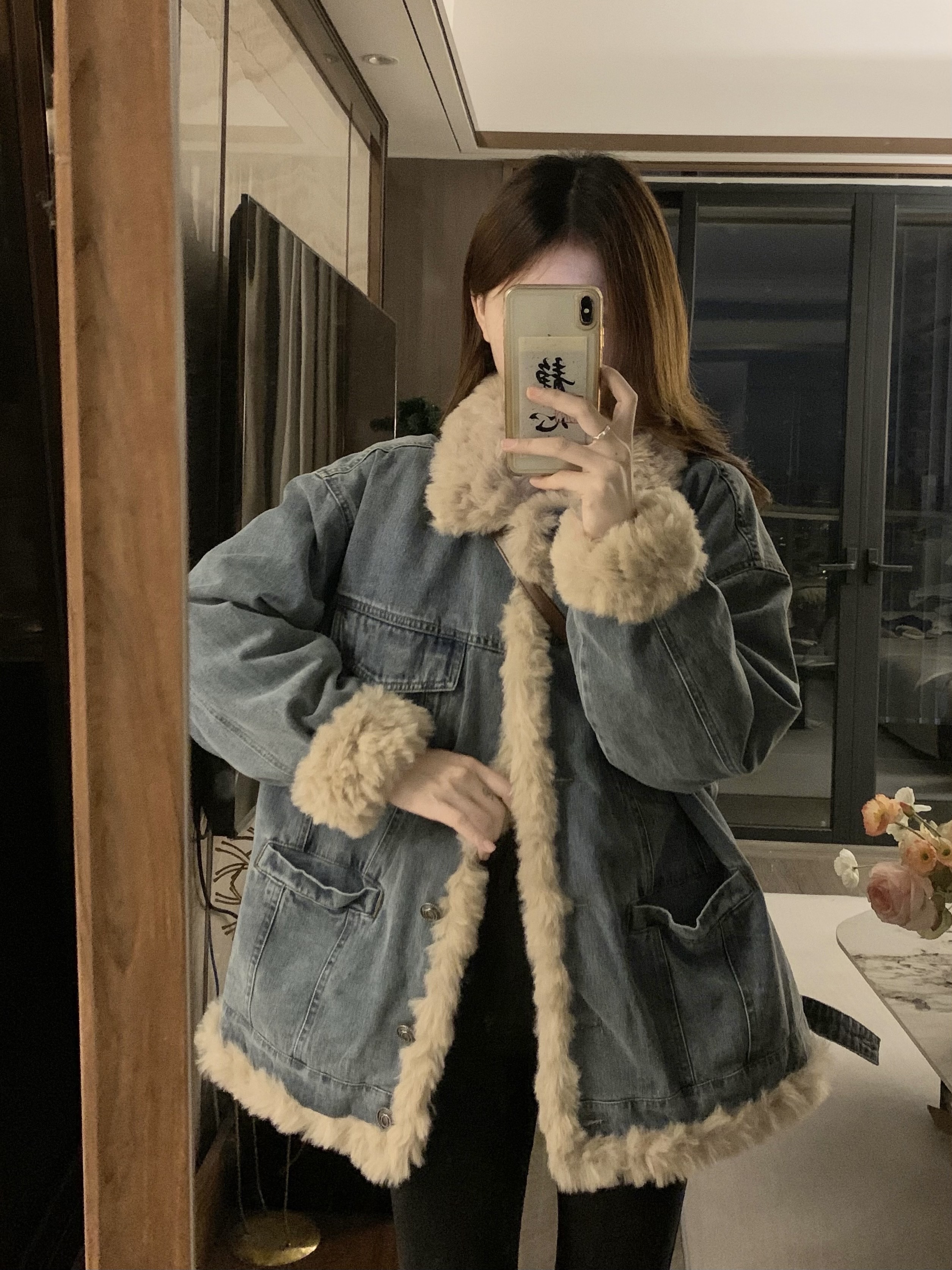 日系复古内里羊羔毛牛仔外套