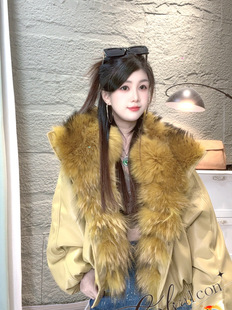 黄色貉子毛大毛领皮衣外套女短款宽松轻奢冬季保暖P0412