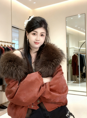 高端可拆卸毛领羽绒服女短款橙色显瘦大气皮毛一体外套P0430橘色