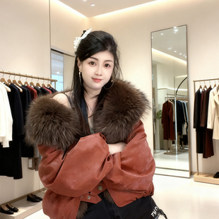 高端可拆卸毛领羽绒服女短款橙色显瘦大气皮毛一体外套P0430橘色