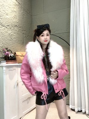 比卡陌大毛领皮衣羽绒服女短款宽松轻奢羽绒服冬季保暖P0433粉色
