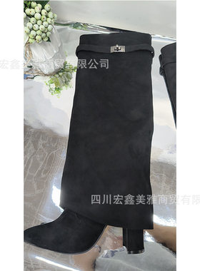 新款尖头大筒围直筒金属扣中长筒靴子大码粗跟裤管靴真皮时尚女靴