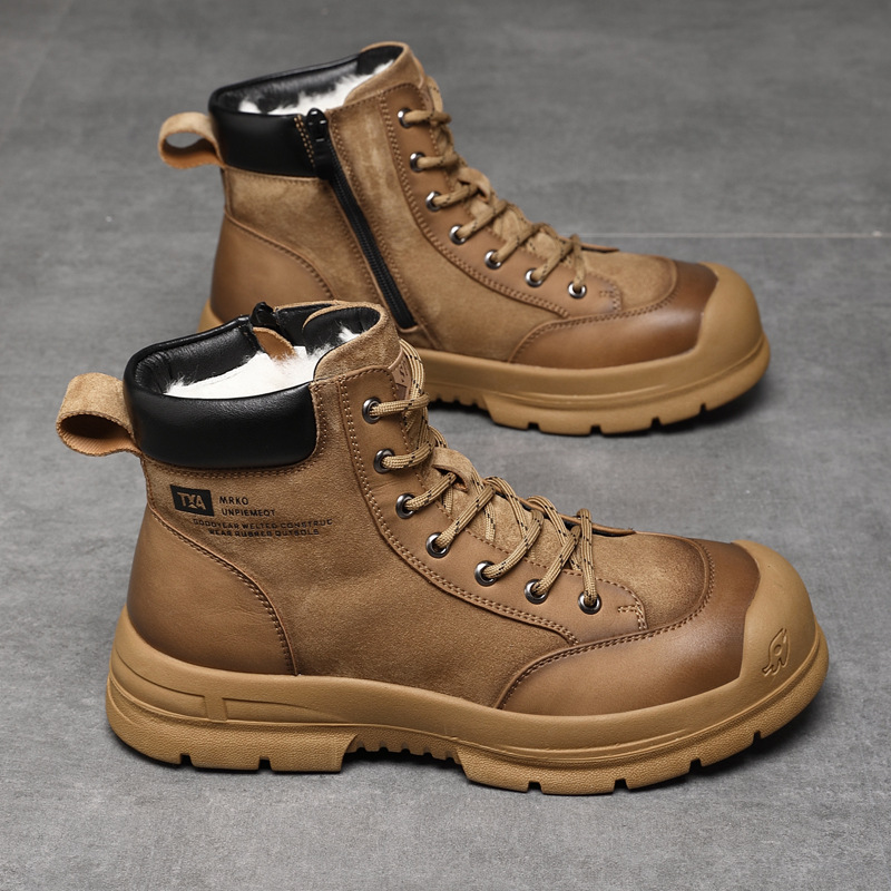 秋冬马丁靴男真皮男士短靴子英伦羊毛内里潮流中高帮男鞋皮毛一体