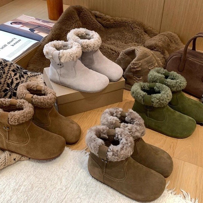 牛皮版~加绒勃肯靴女圆头复古毛毛短靴平底棉鞋保暖毛绒绒雪地靴
