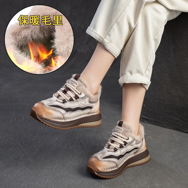 冬季新款加绒保暖低帮拼色棉鞋通勤系带舒适复古女鞋真皮增高厚底