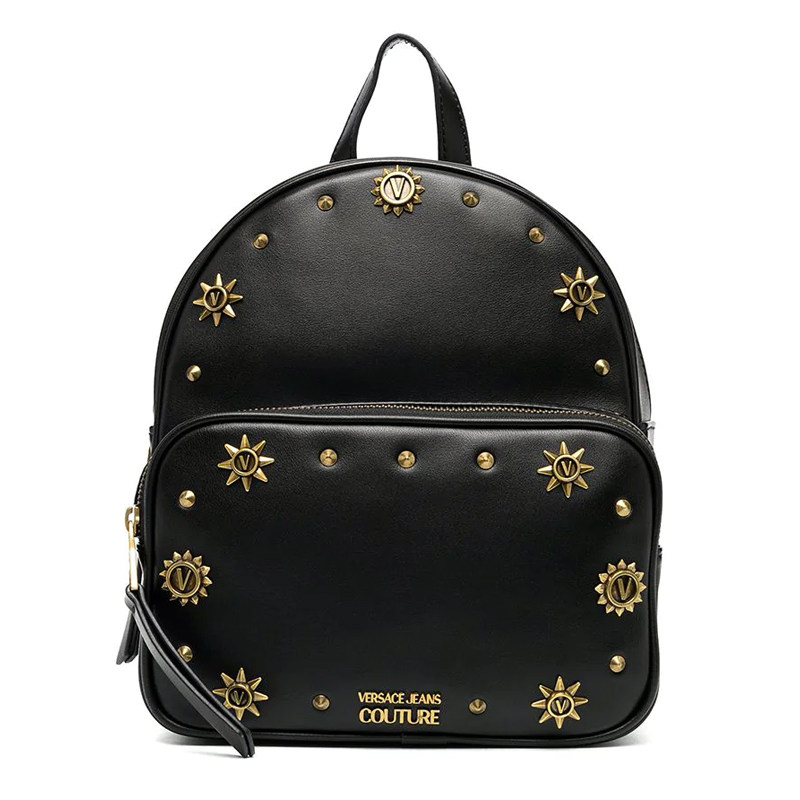 Versace/范思哲女士黑色皮革铆钉微标饰双肩背包