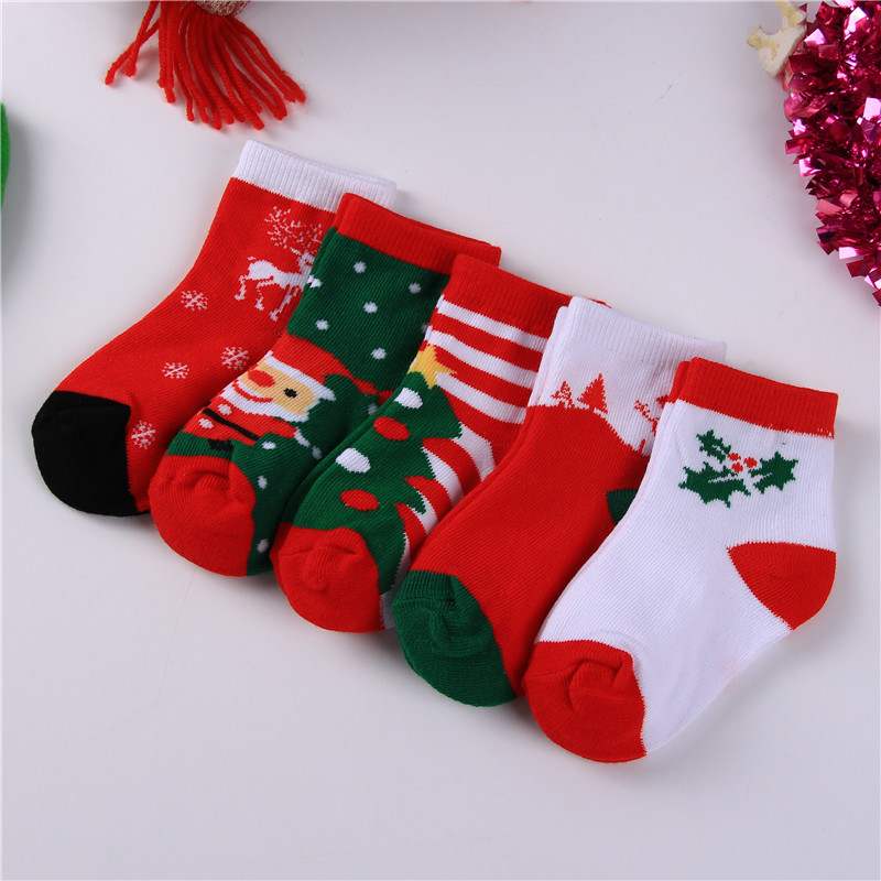 5pcs autumn and winter new red christmas childrens socks