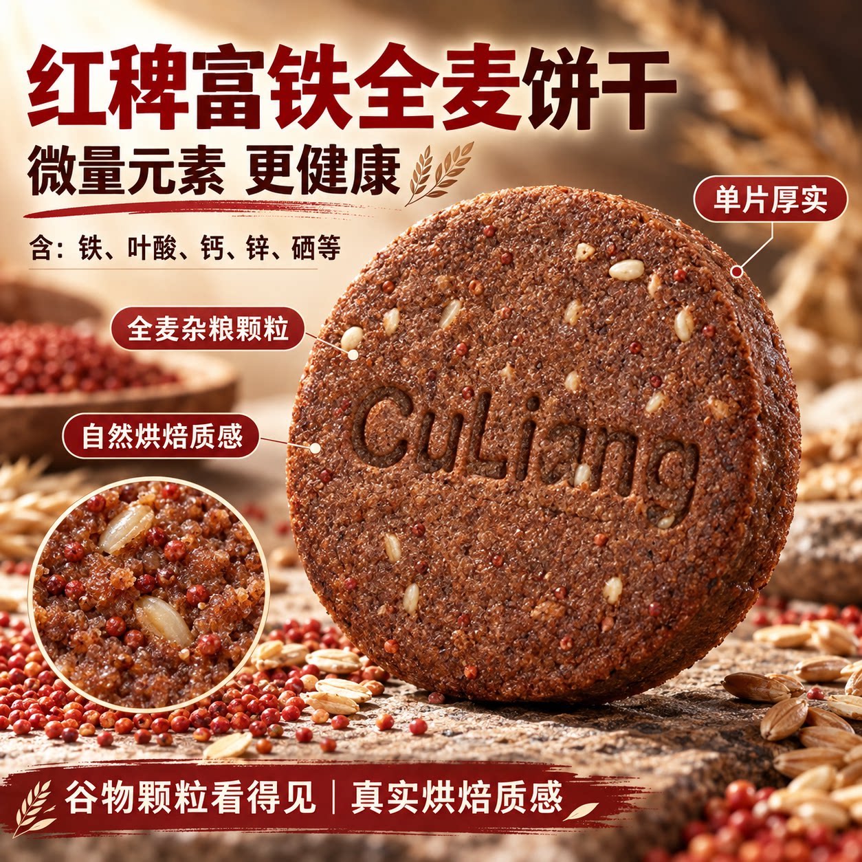 红稗富铁0蔗糖63%铁14%叶酸含钙锌硒黑麦糖尿人饼干缺铁粗粮零食