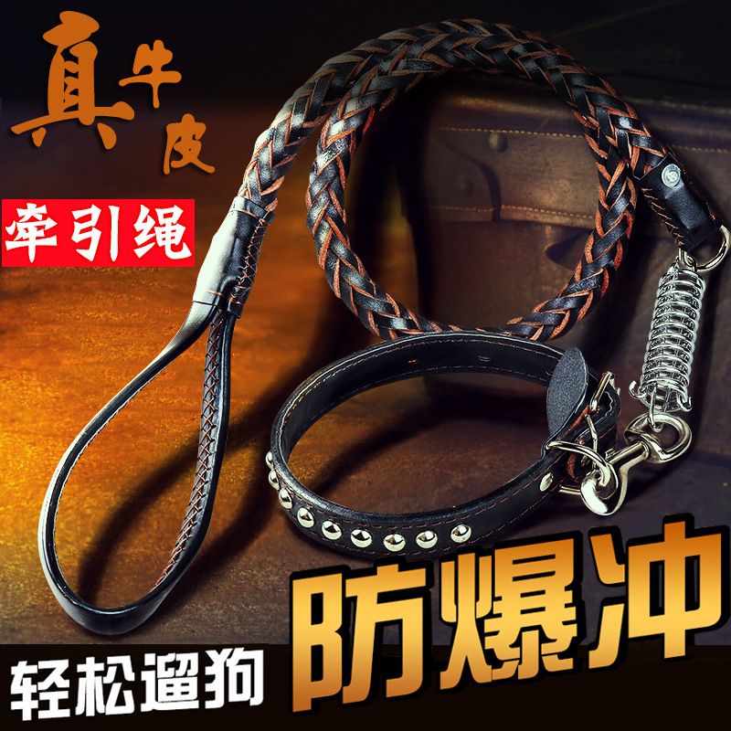 中型大型犬狗狗牵引绳带金毛拉布拉多牛皮项圈遛狗绳子狗链子用品