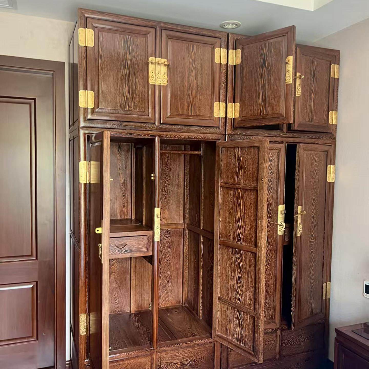 红木家俱鸡翅木顶箱柜大衣柜中式雕花全实木卧室衣橱组合收纳柜