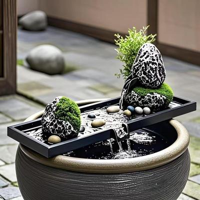 石槽流水摆件循环水景观鱼缸原石头流水槽造景景观配件水缸流水器