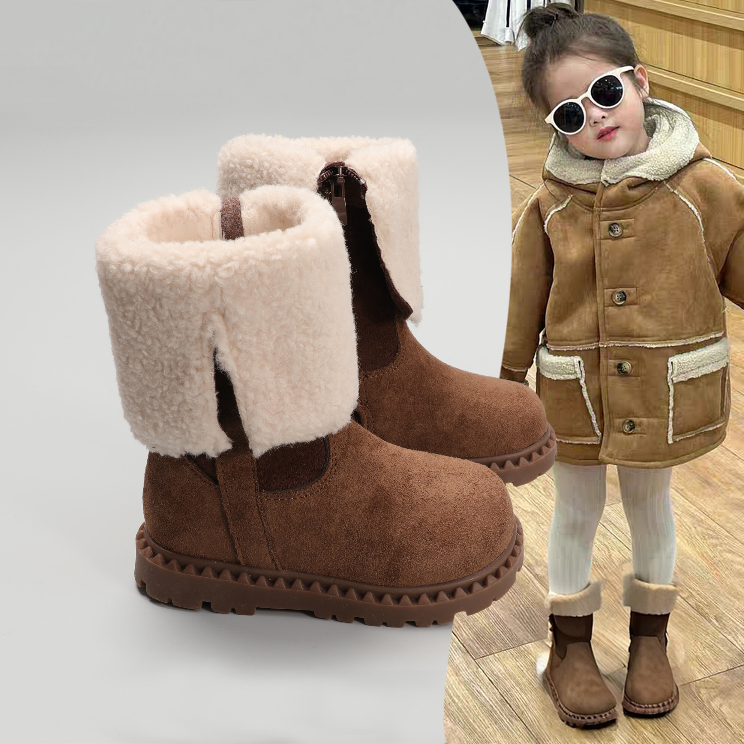 2025女童洋气时髦长筒靴加绒保暖
