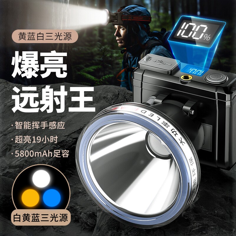 天火强光头灯2026新款超亮感应超长续航激光钓鱼灯头戴式充电矿灯
