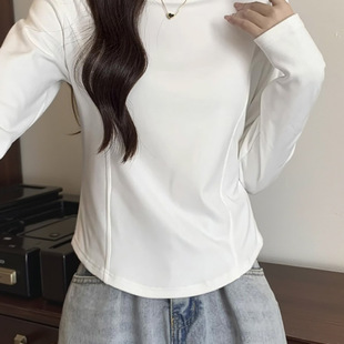 白色韩版不规则打底衫女秋冬内搭洋气收腰高级感百搭长袖T恤上衣