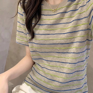 韩国代购条纹短袖T恤女夏季2026新款时尚女装宽松休闲东大门上衣