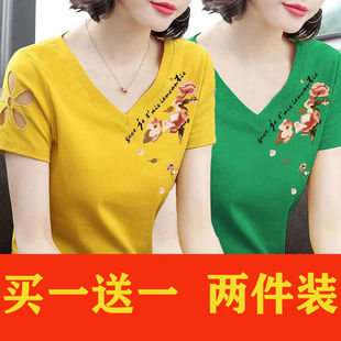 新款 短袖 2025纯棉夏季 大码 上衣潮 t恤女韩版 V领宽松显瘦体恤打底衫