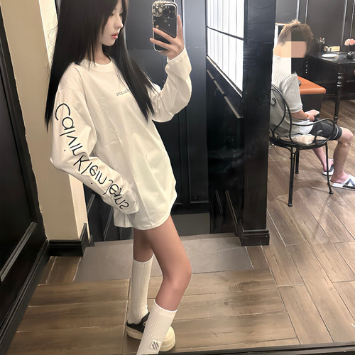 美式复古字母印花白色长袖t恤