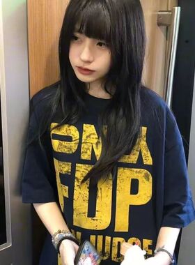 美式复古藏蓝色短袖t恤女夏季宽松设计感小众chic港味半袖上衣