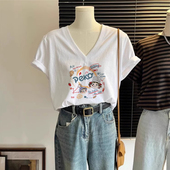 t恤女夏季 2025新款 爆款 纯棉v领白色短袖 鸡心领洋气减龄大码 上衣潮