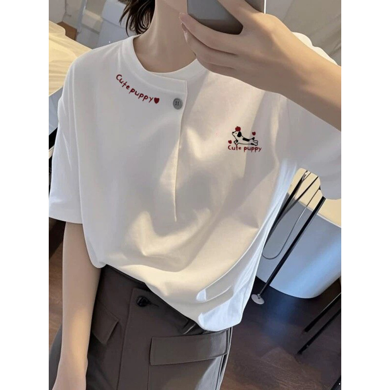 欧货女士白色纽扣短袖t恤女2026夏季新款设计感小众时尚宽松上衣